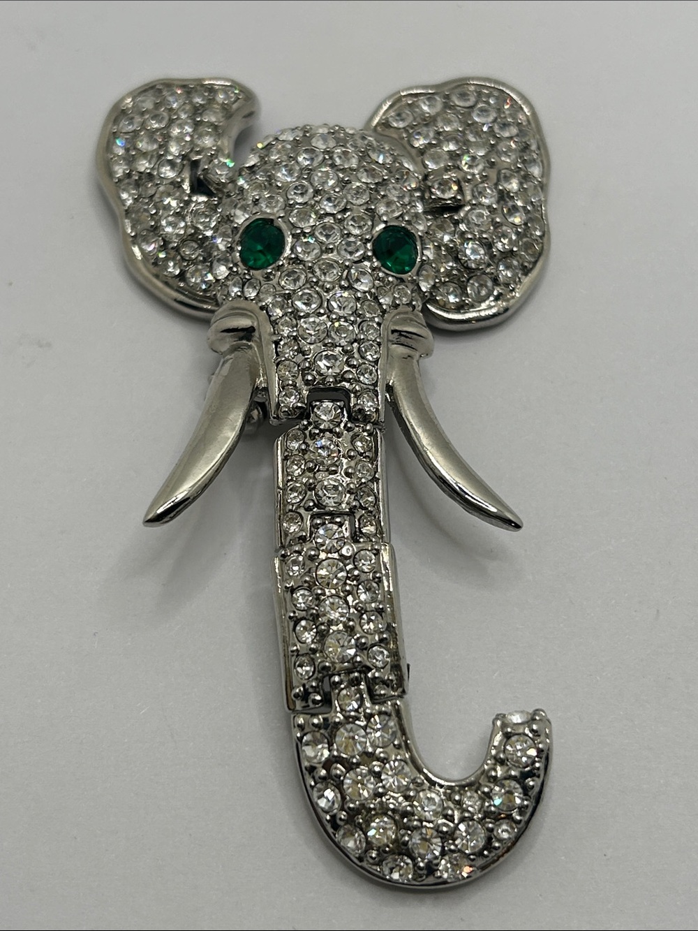 Huge Articulated Silver Crystal Elephant Brooch Green Eyes